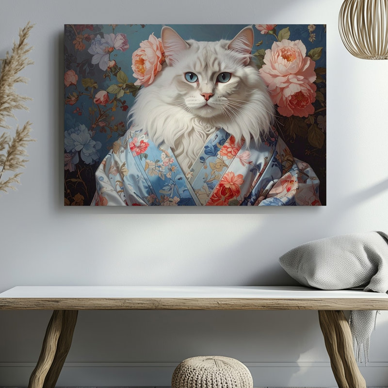 Toile baroque blanc, kimono, portrait floral élégant, étape dans un monde, art mural sur toile prêt à accrocher