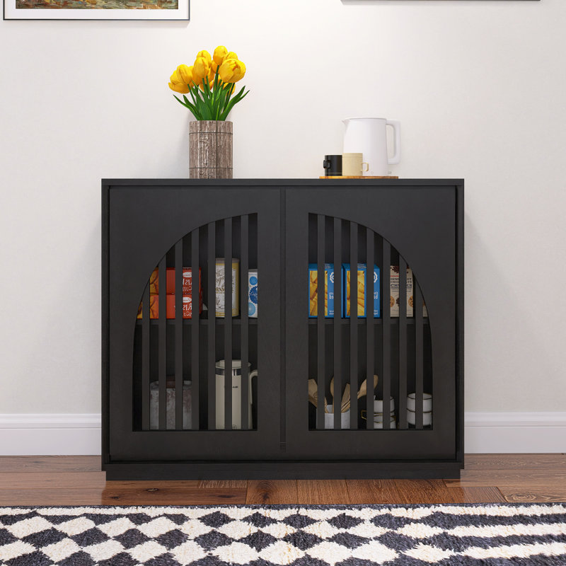 Buffet Mid-Century moderne cannelé avec 2 trous de sortie, armoire avec rangement, noir, Noir