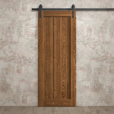 Porte de grange moderne 28 x 80 pouces Ego 5006 Chêne Cognac Rail de 6,6 pi Ensemble de quincaillerie robuste Portes intérieures à panneaux pleins