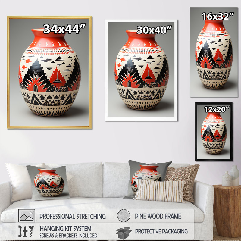 Poterie Native Pueblo sur toile, Cadre flottant noir, H 40 po x l 30 po x P 1,5 po