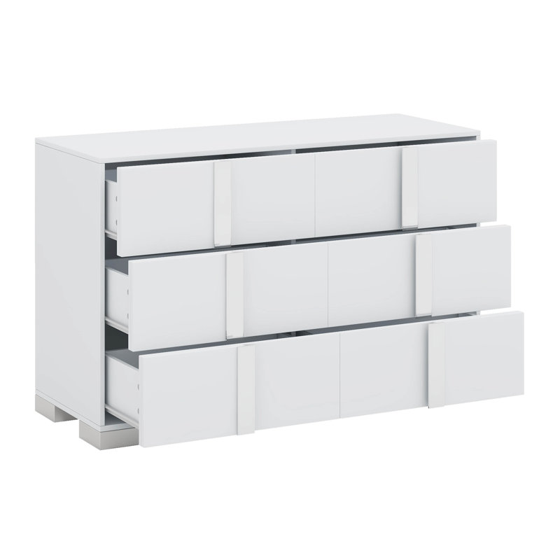 Commode moderne avec poignée en métal, 6 tiroirs, Blanc / Gris