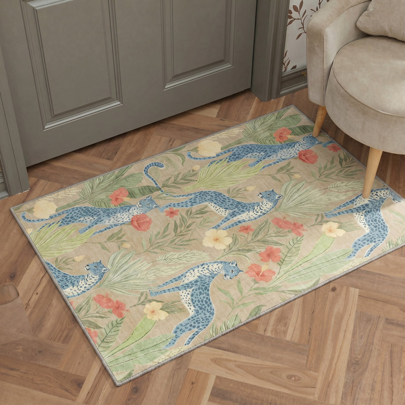 Tapis d'intérieur bleu / vert lavable à la machine avec envers antidérapant Abraham Verdure, Rectangle 9 pi x 12 pi