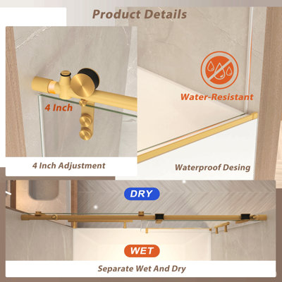 Porte de baignoire coulissante sans cadre 56-60 po x 66 po H, porte de douche/baignoire, verre trempé transparent 5/16 po (8 mm), cadre en acier inoxydable