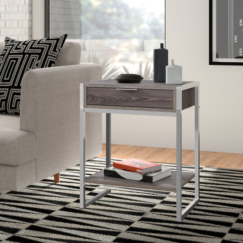 Hemy Accent Side End Table, Drawer, 1 Shelf, 20 Inch, Metal, Chrome, White