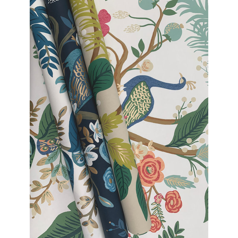 Peacock 27' x 27" Wallpaper Roll, Navy/White