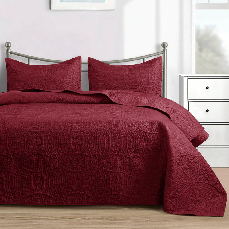 3 Piece Bedspread Set - Reversible Quilt Set - Lightweight Microfiber Coverlet for Queen King Twin, Burgundy