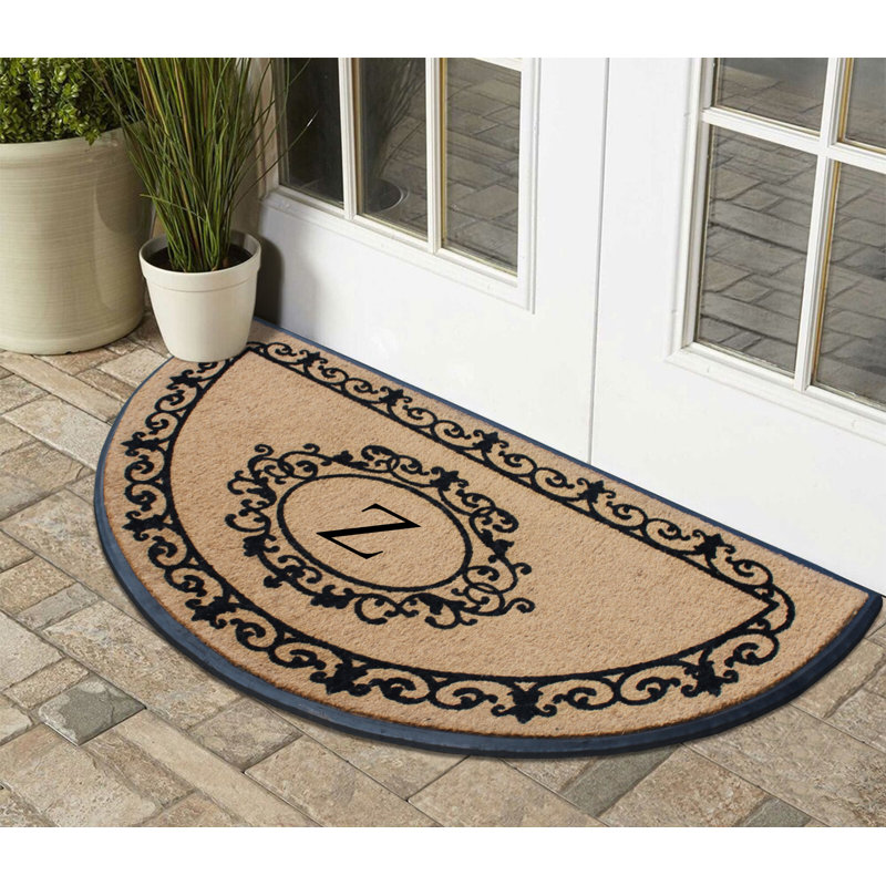 Bahily Floral Border Natural Coir & Rubber Hand-Flocked Monogram Door Mat, 36"x72", Heavy-Duty Outdoor Front Porch Entrance Doormat