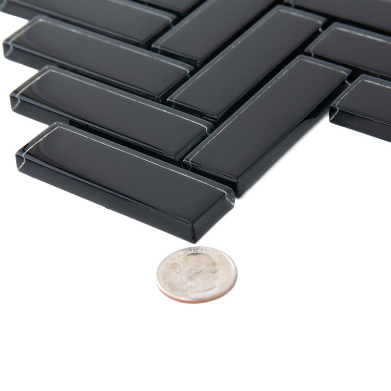 11"X 12.6" Herringbone Polished Glass Mosaic Tile, Black