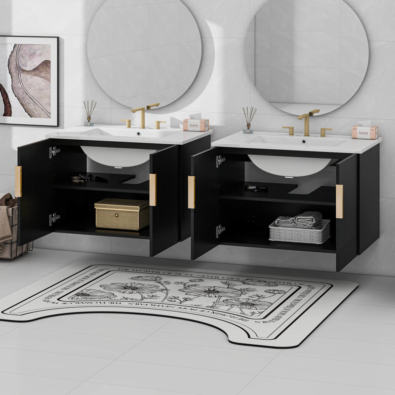 Meuble-lavabo de 60 po avec lavabo en céramique et 3 trous, Noir