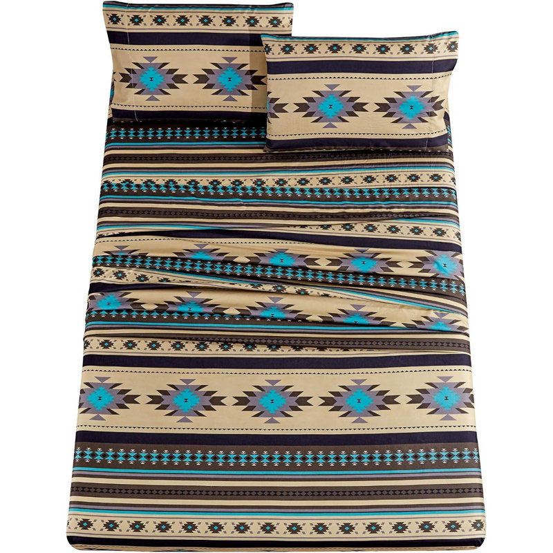 Queen Teal Beige Microfiber Southwestern Geometric Sheet Set