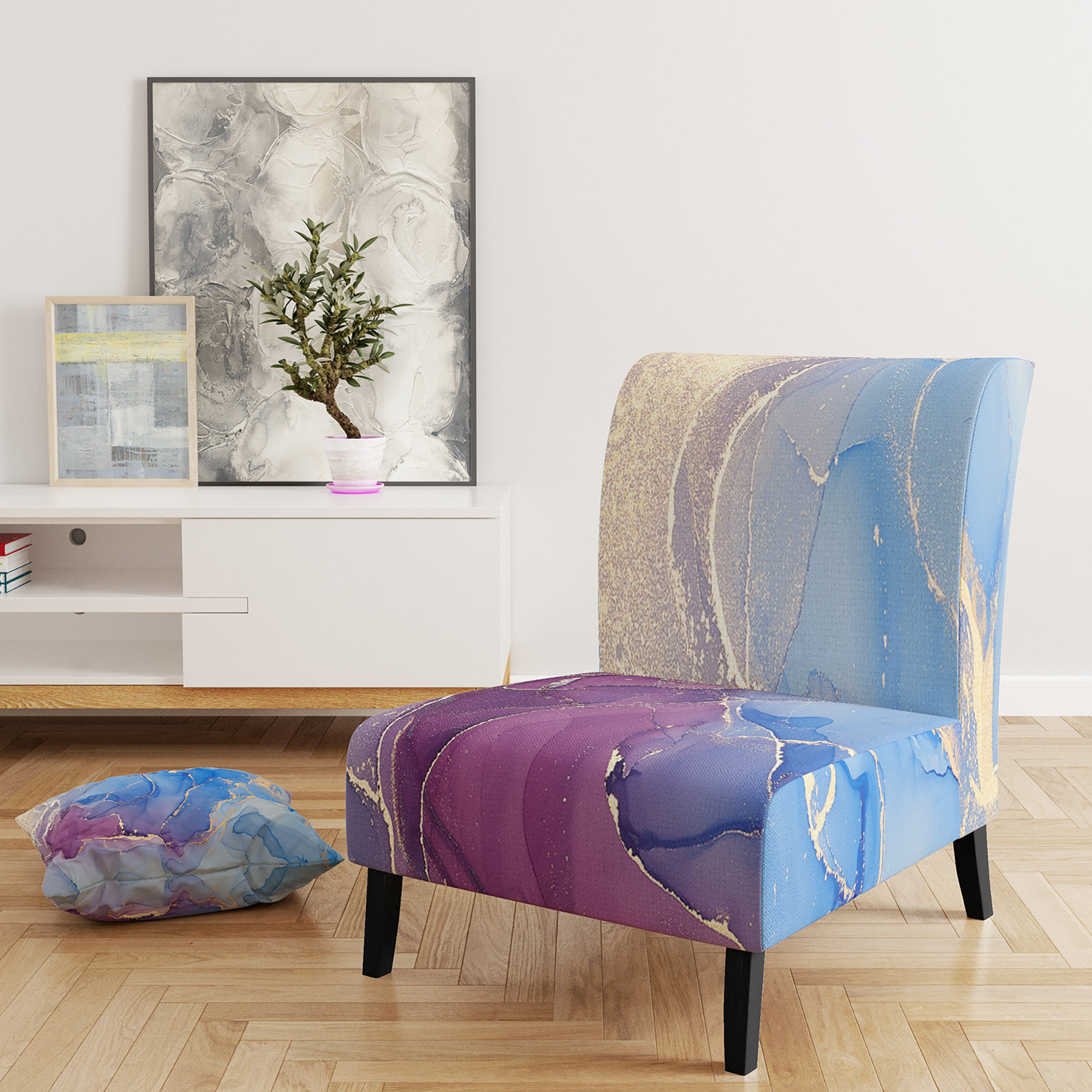 George Oliver 'Ikee Blue Pink Marble Fluid Art Upholstered