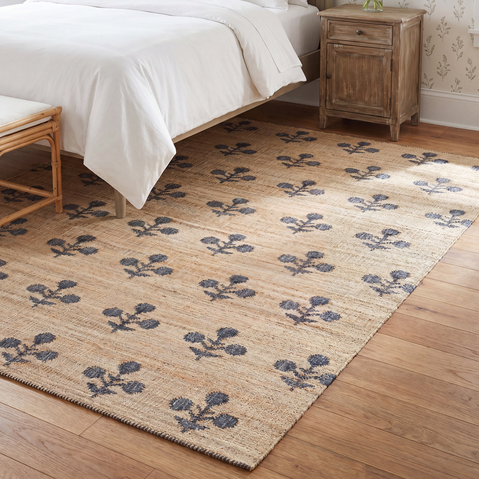 Orchard Blue Hand-Woven Block Print Jute Rug, Runner 2'3" x 12'