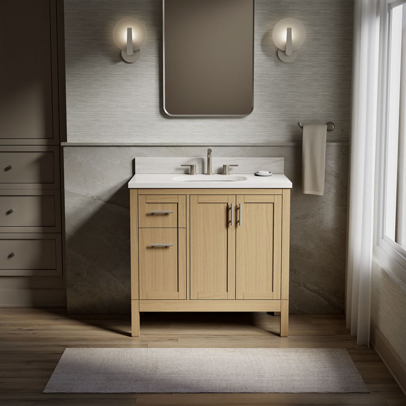 Hadron 37" Single Bathroom Vanity Set, White, Light Oak