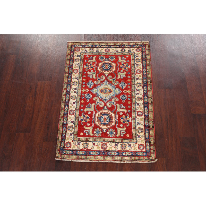 Tapis rouge en laine noué à la main de conception unique 2 pi 8 po x 3 pi 10 po