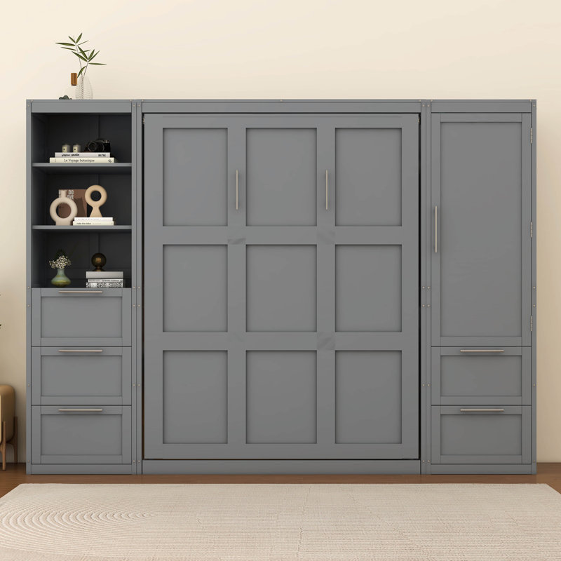 Queen Size Murphy Bed Wall Bed With Closet, Gray