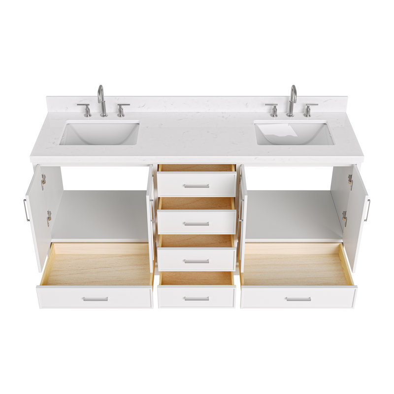 72.25'' Double Bathroom Vanity with Carrara Quartz Top, White