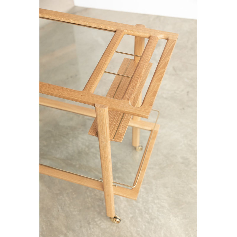 Solid Wood Bar Cart with Wheels, White Oak/Brass