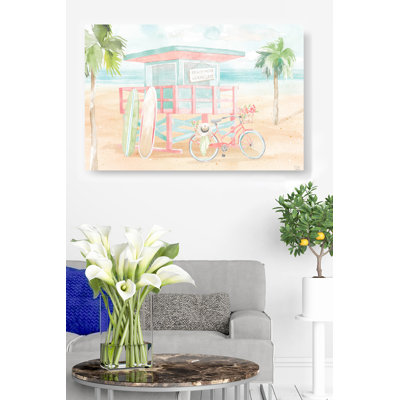 Support de sauveteur, planches de surf, vélo, plage rose, vert, plage plus, souci moins, plus large