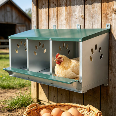 Boîte de nidification à 3 compartiments avec œufs roulants, boîte de ponte en acier galvanisé robuste avec couvercle imperméable et trous de ventilation