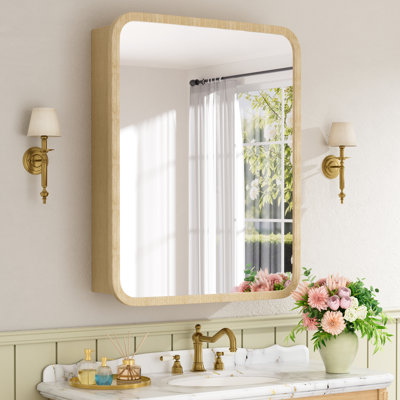 20" W X 28" H  Modern Rounded Corner Wood Medicine Cabinet with Mirror, Adjustable Glass Shelves, Reversible Door, Surface or Recessed Mount, Fully Assembled