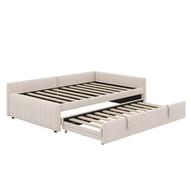 Full Size Upholstered L-Shaped Upholstered Daybed With Trundle, Beige