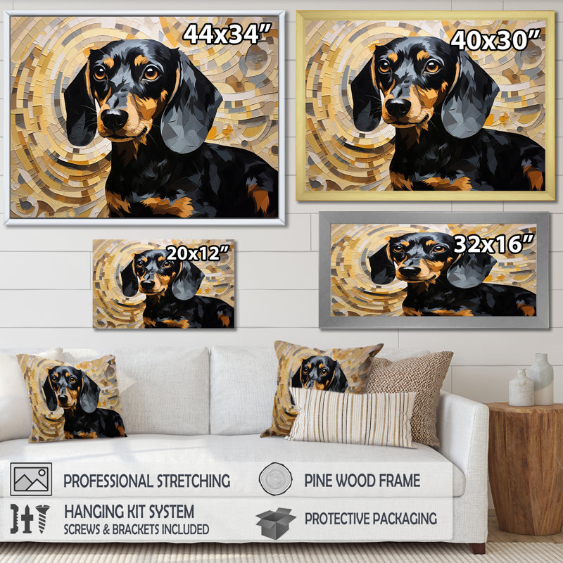 «Funny Daschund Portrait I», reproduction sur toile, Cadre de coin blanc fermé, H 30 po x l 40 po x P 1,5 po