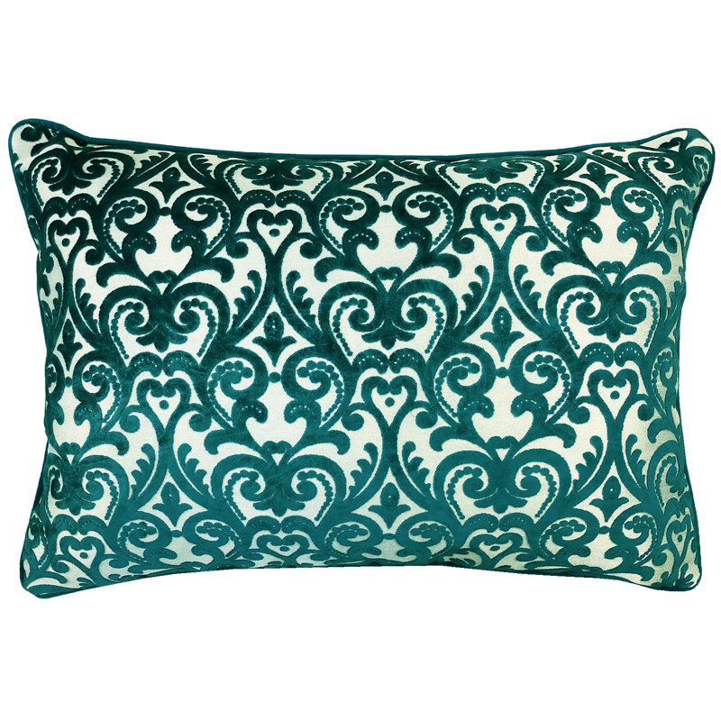 Rectangular Damask Feather Reversible Throw Pillow, Turquoise