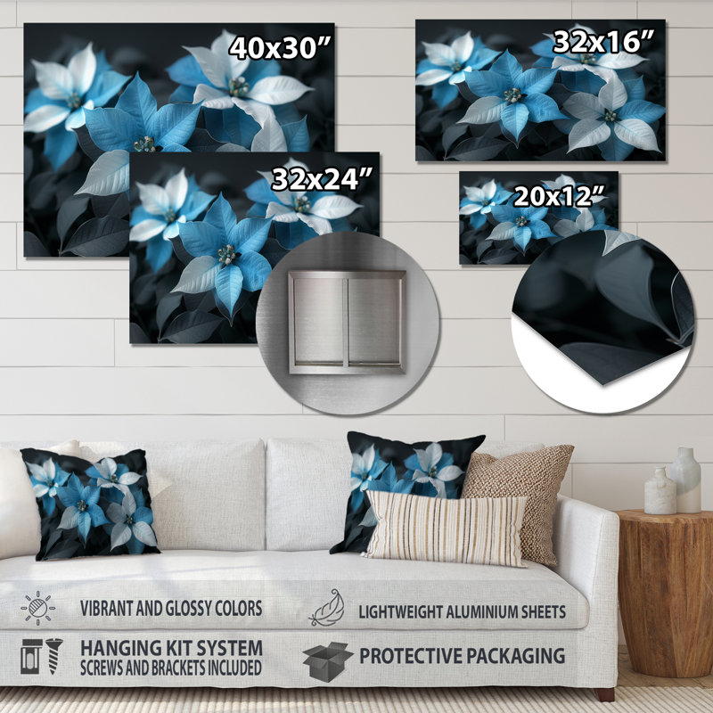 «Poinsettias II», impression d'art mural gris et bleu, Métal métal, H 16 po x l 32 po