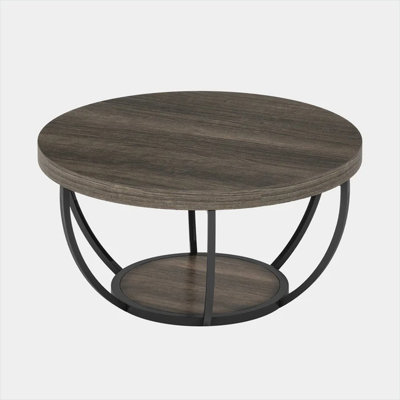 31.5-Inch Round Cocktail Table with Two-Tier Storage, Modern Engineered Wood and Steel Base in Neutral Gray
