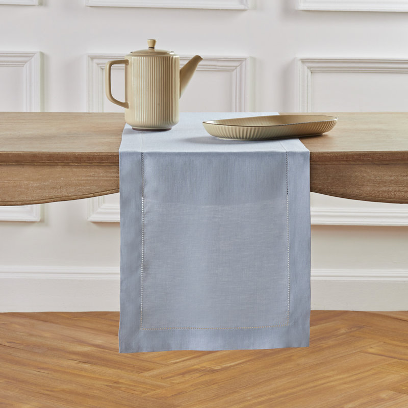 100% Pure Linen Hemstitch Table Runner, 48" x 14", Dusty Blue, Solid Color