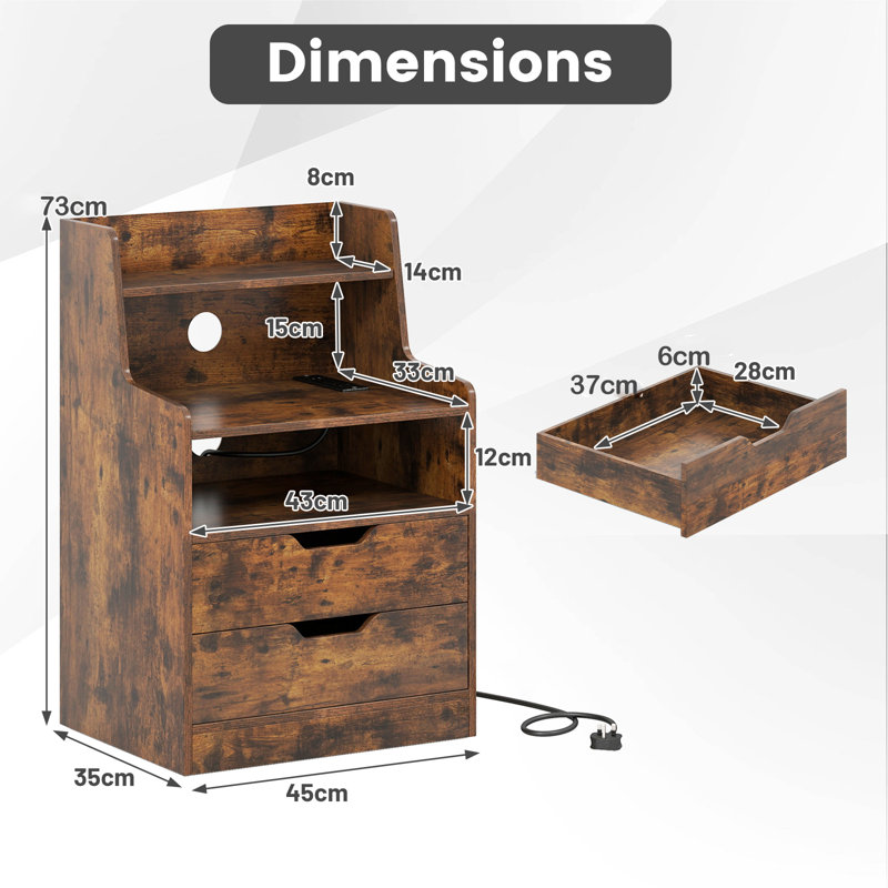 45cm W Manufactured Wood Bedside Table, Brown