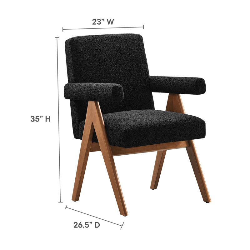 Black Boucle Upholstered Arm Chair with Rubberwood Legs