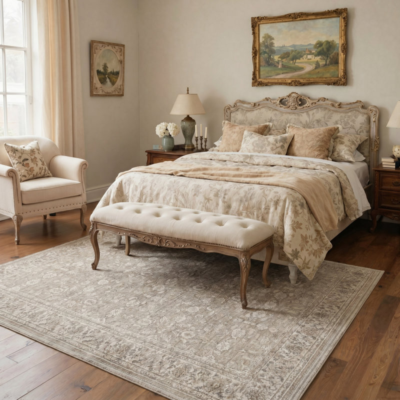 Abrahamson Vintage Floral Machine Washable Beige / White Indoor Area Rug with Non-Slip Backing, Rectangle 9' x 12'