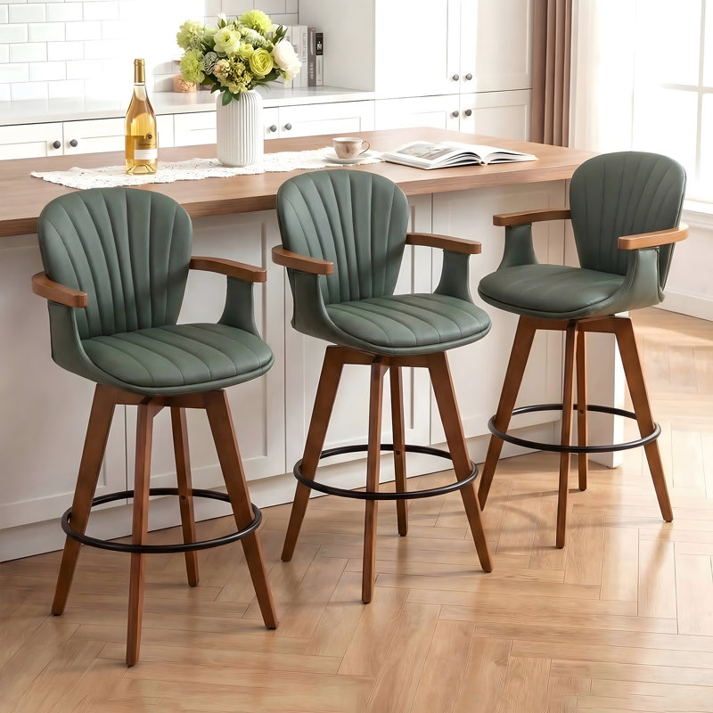 Colliers 360° Swivel Bar Stools With Bamboo Legs (Set Of 3), Counter Stool (26” Seat Height), Green