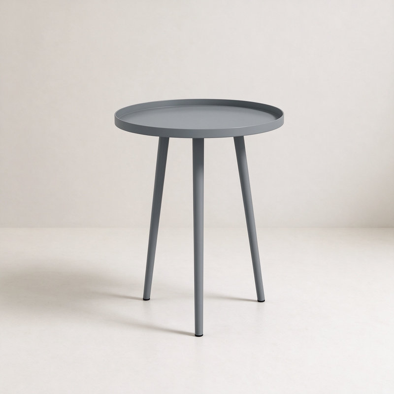 Grey Steel Garden Side Table, Modern Round Outdoor Coffee Table with Anti-drop Raised Edge