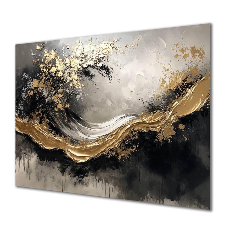 Abstrait or et fugue noire en couleur II - Art moderne abstrait en métal, H 24 po x l 32 po
