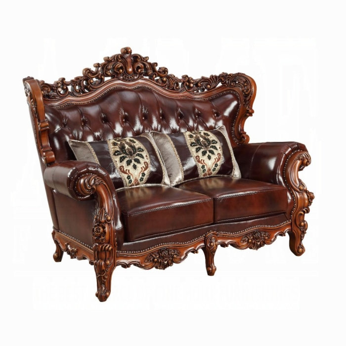 Causeuse en cuir fleur de cerisier transitionnel Equipa avec capitonnage et bordure à volutes