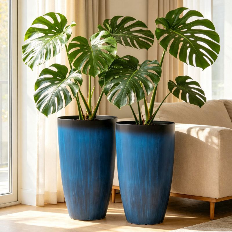 Pots de fleurs modernes de 23,5 pouces de haut pour plantes d'extérieur, grands pots à fleurs en céramique émaillée imitation (lot de 2)