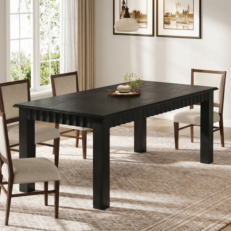 Solid Wood Dining Table For 6, 63 Inch Farmhouse Kitchen Table With  Fluting Details, Black