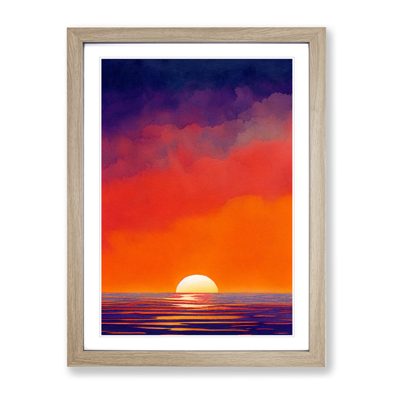XV1022-623X An Ocean Sunset Watercolour No.3 - Single Picture Frame Painting, 34cm H x 25cm W x 2cm D, Oak