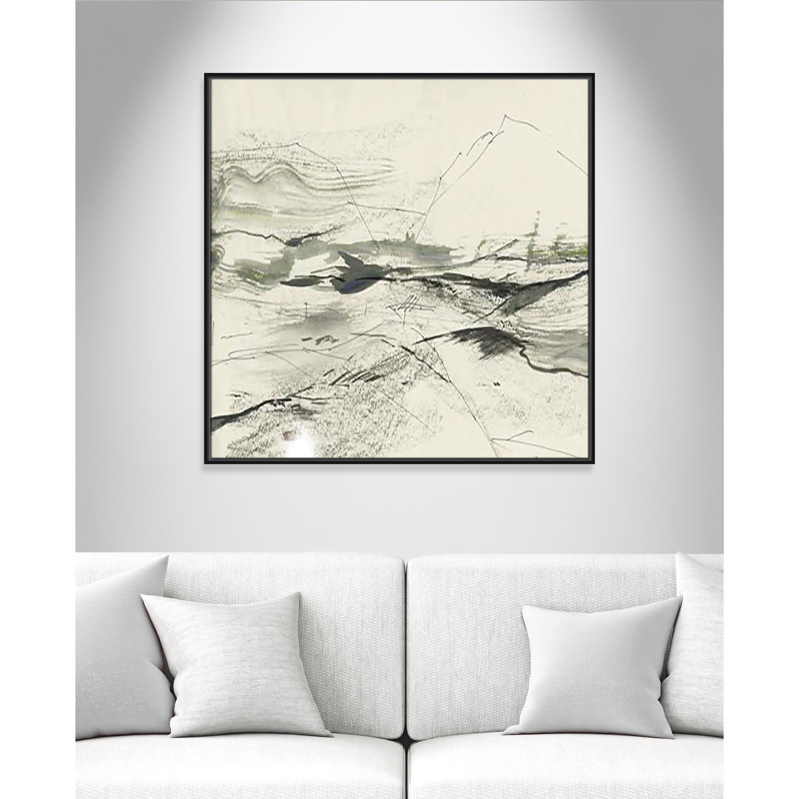 Green Sketches Print, 37.5" H x 37.5" W x 2" D, Black Floater Framed
