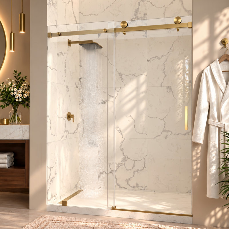 Serienty 56-60"W x 76'' H Single Sliding Frameless Shower Door with 3/8" (10mm) Clear Glass in Brushed Bronze, 76" H x 60" W