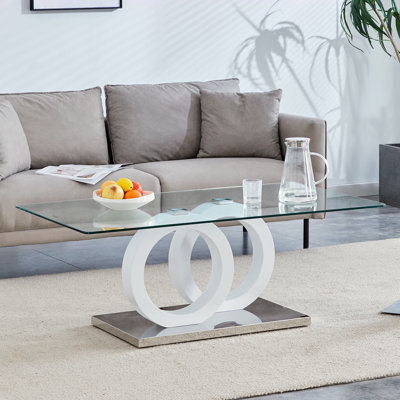 Table basse en MDF de style contemporain avec plateau en verre et base blanche