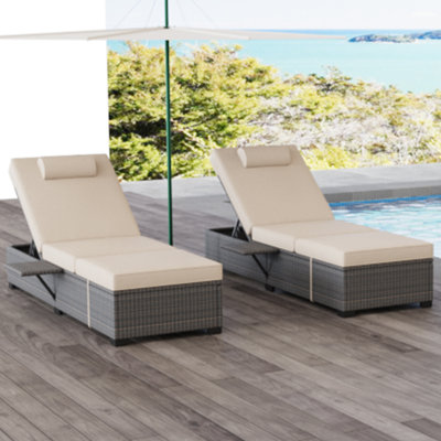 2 Pcs Gray Outdoor Chaise Lounge 5-Position Adjustable Reclining PE Wicker Lounge Chairs with Cushions for Poolside