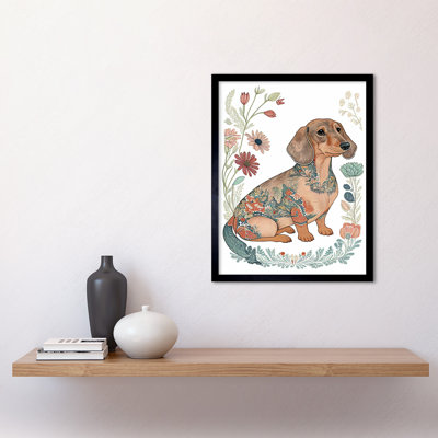 Dachshund Shorthaired Dog With Ornate Floral Patterns Colourful Colour Pencil - Single Picture Frame Print