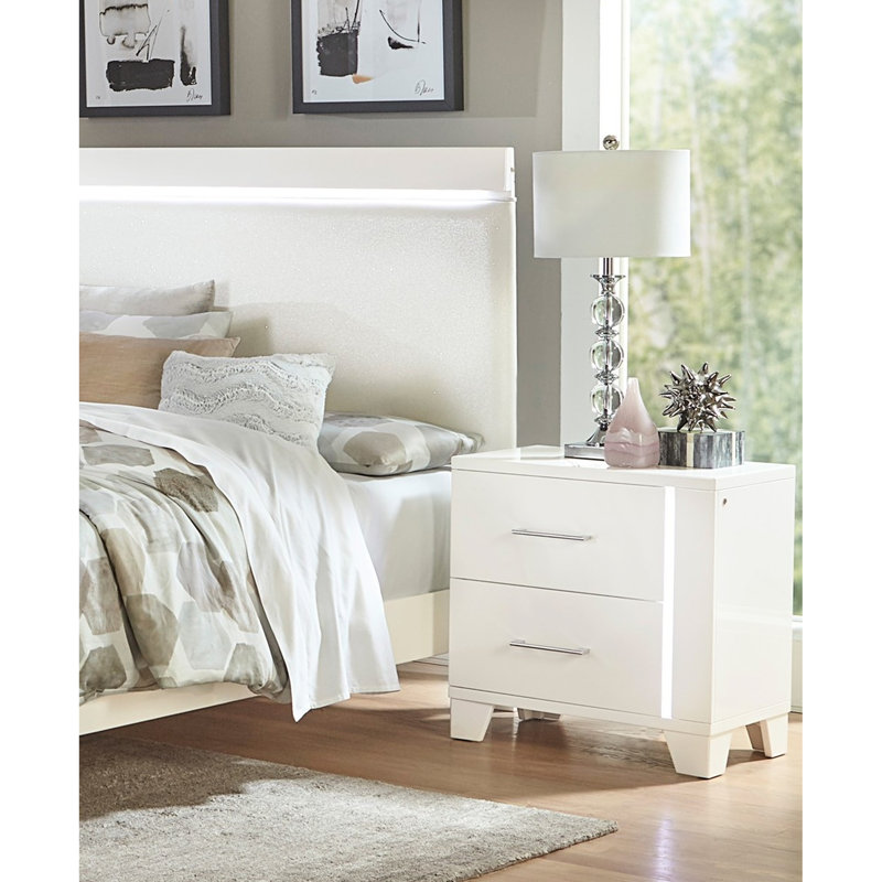 Table de chevet de luxe à finition brillante blanche avec éclairage à DEL et glissières à roulement, armoire de chambre à coucher moderne lustrée, 2 tiroirs