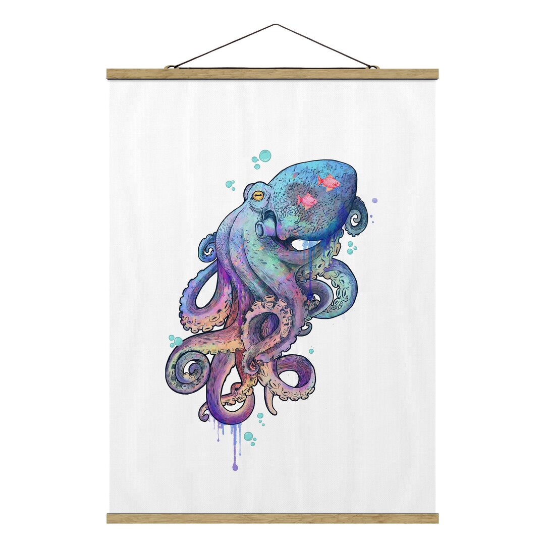 Stoffbild Mit Posterleisten - Laura Graves - Illustration Oktopus Violett Türkis Malerei - Hochformat 4:3