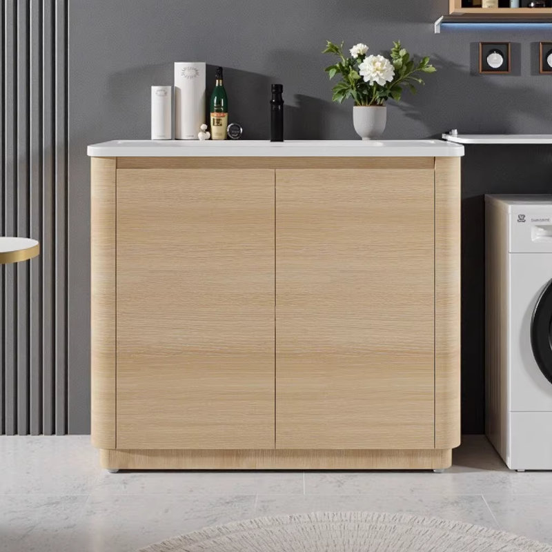 Meuble-lavabo autoportant de 40 pouces avec lavabo en céramique blanche et portes à fermeture douce, armoire en contreplaqué moderne au fini chêne blanc américain