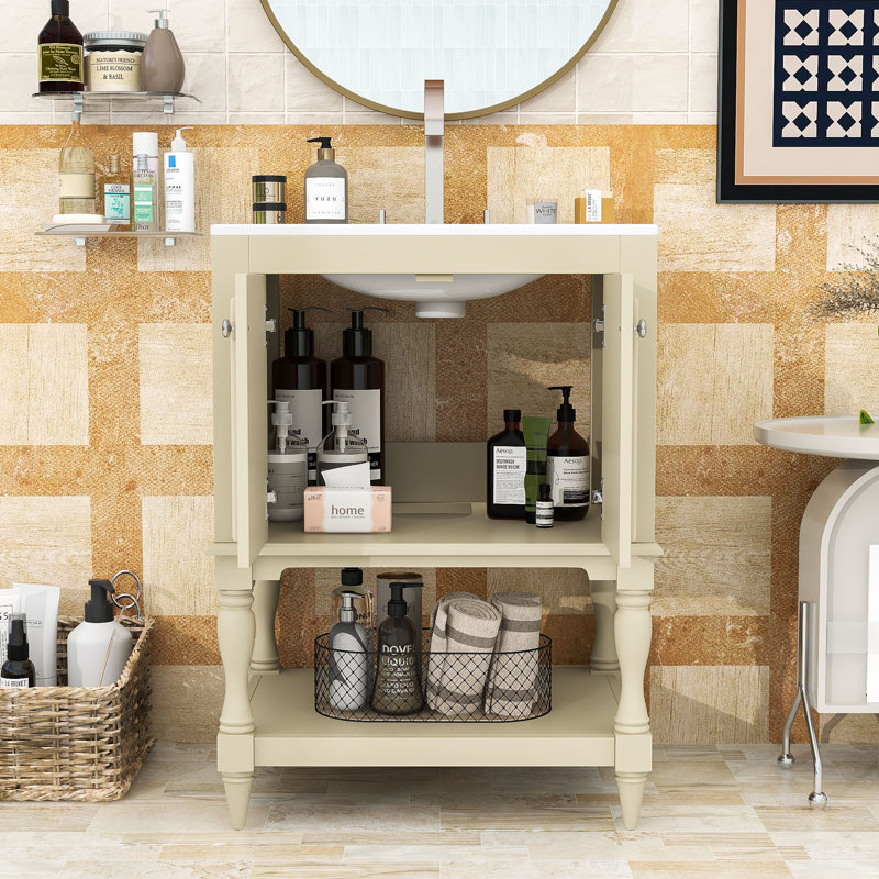 Meuble-lavabo rétro avec lavabo en céramique, tablette ouverte et armoire de rangement fermée, Beige