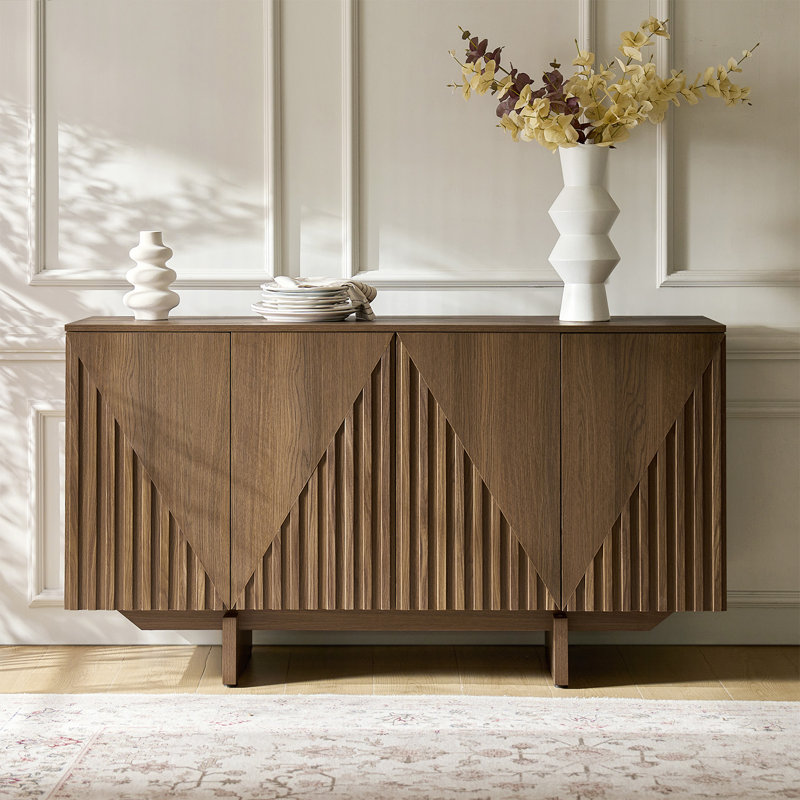 Adamo Modern 58"Wide 4 Door Fluted Sideboard with Adjustable Shelves, Walnut